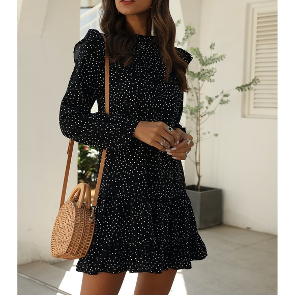 Black Polka Dot Ruffle Hem Shift Dress - Picture 8 of 14